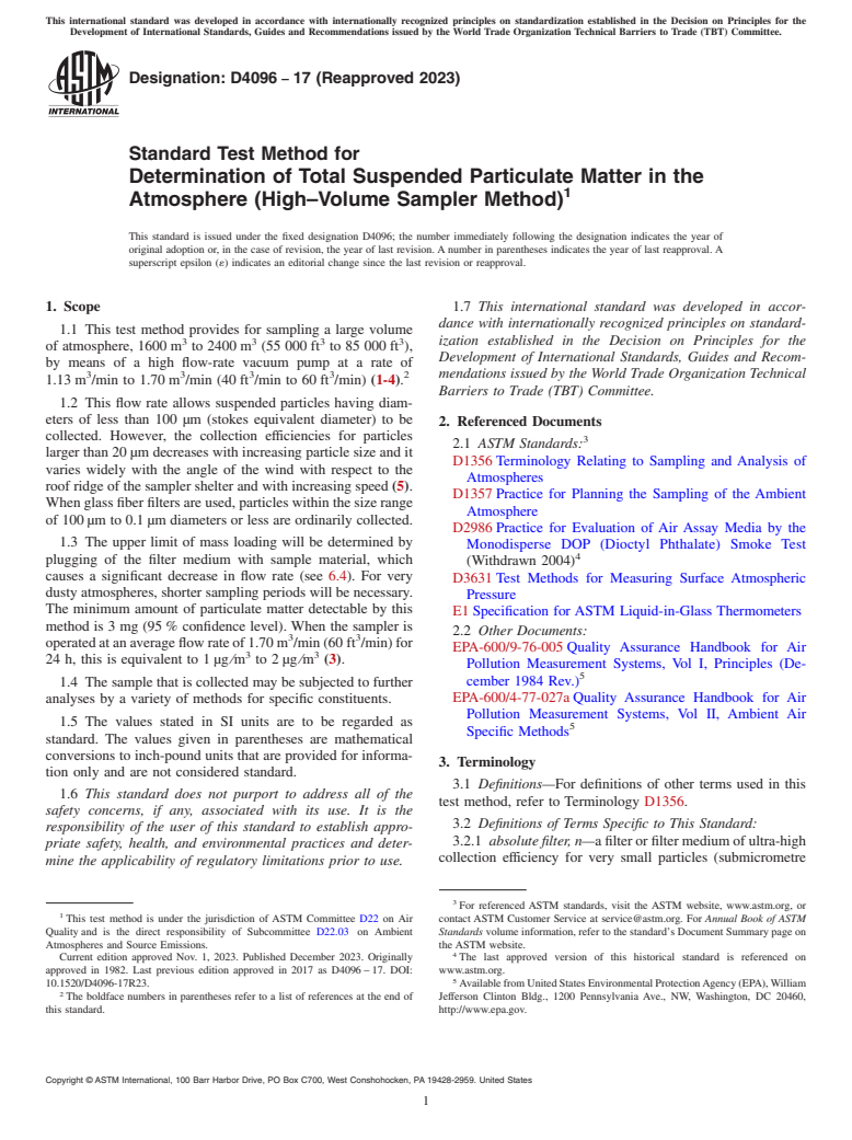 ASTM D4096-17(2023) - Standard Test Method for  Determination of Total Suspended Particulate Matter in the  Atmosphere (High–Volume Sampler Method)