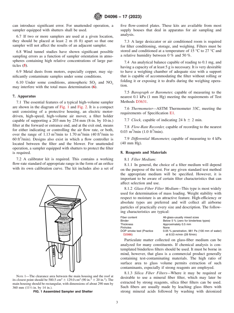 ASTM D4096-17(2023) - Standard Test Method for  Determination of Total Suspended Particulate Matter in the  Atmosphere (High–Volume Sampler Method)