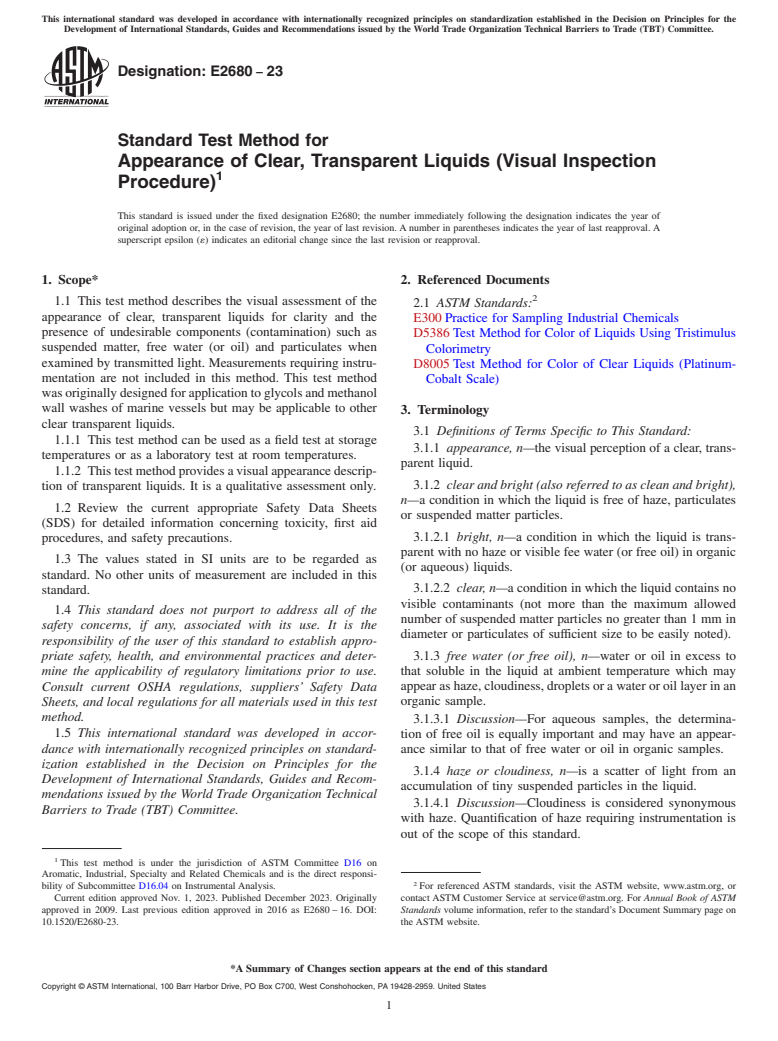 ASTM E2680-23 - Standard Test Method for Appearance of Clear, Transparent Liquids (Visual Inspection  Procedure)