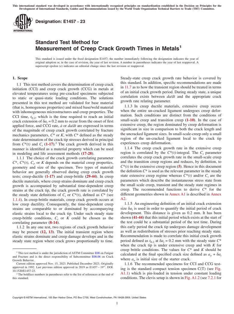 ASTM E1457-23 - Standard Test Method for  Measurement of Creep Crack Growth Times in Metals