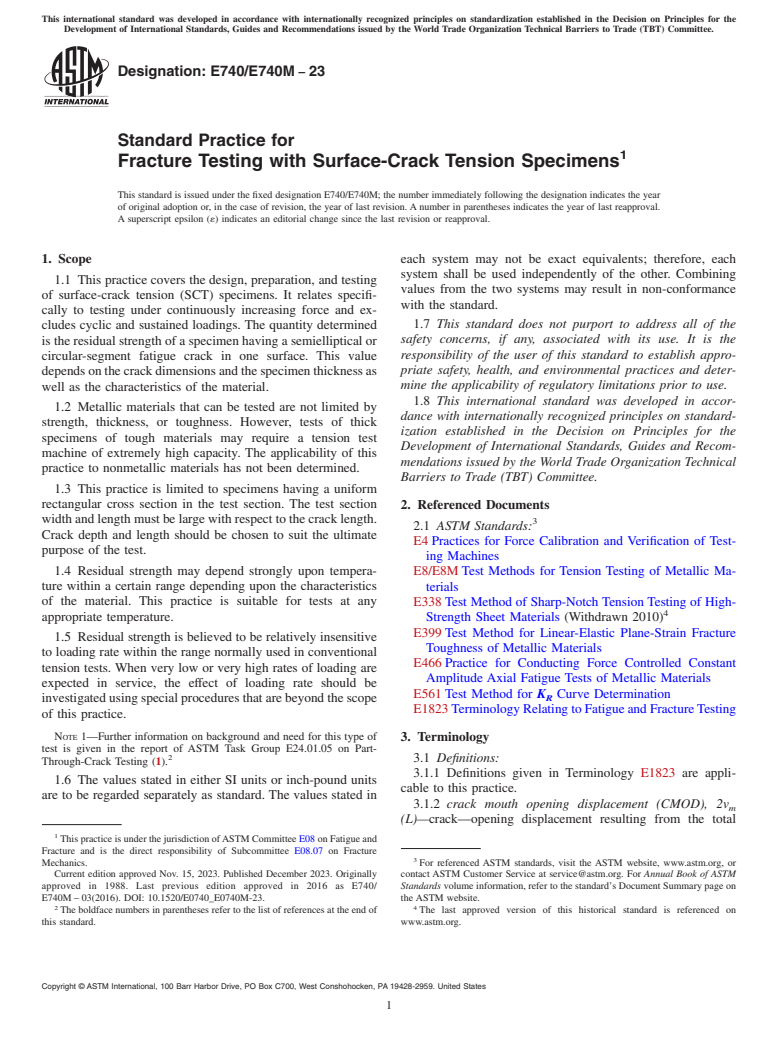 ASTM E740/E740M-23 - Standard Practice for  Fracture Testing with Surface-Crack Tension Specimens