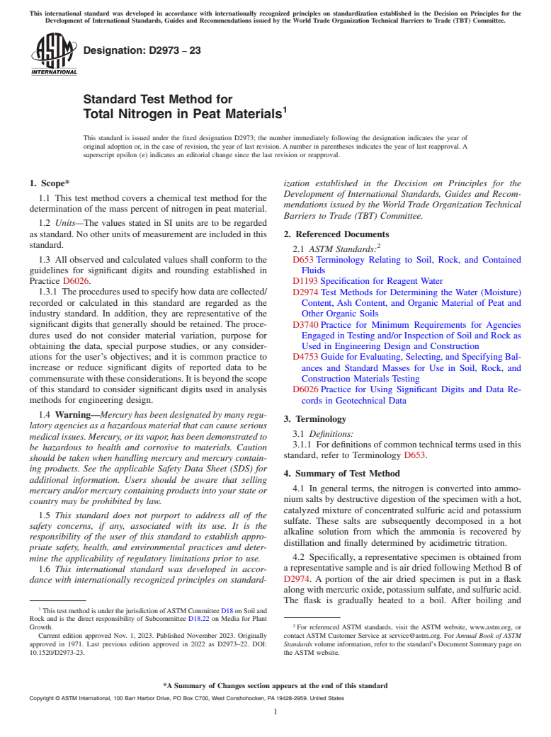 ASTM D2973-23 - Standard Test Method for  Total Nitrogen in Peat Materials