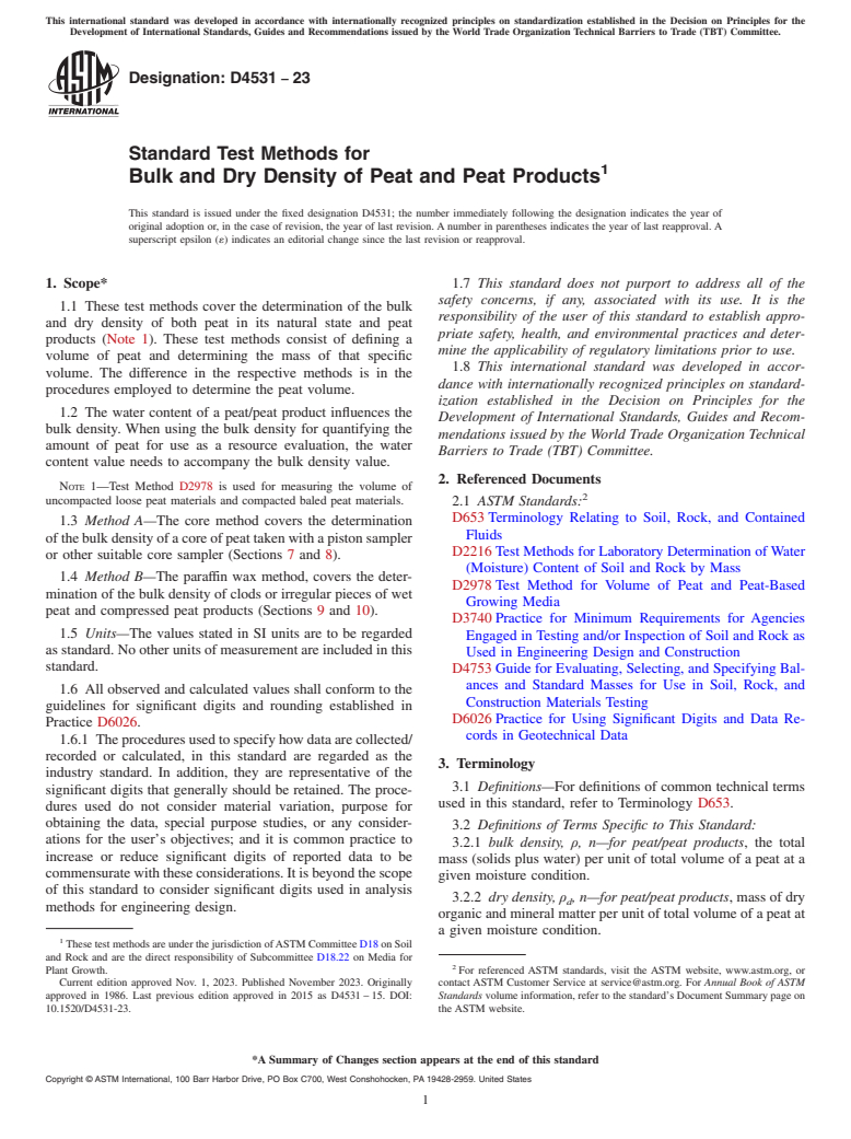 ASTM D4531-23 - Standard Test Methods for  Bulk and Dry Density of Peat and Peat Products