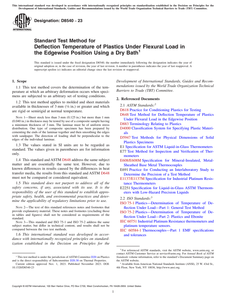 ASTM D8540-23 - Standard Test Method for Deflection Temperature of Plastics Under Flexural Load in the  Edgewise Position Using a Dry Bath