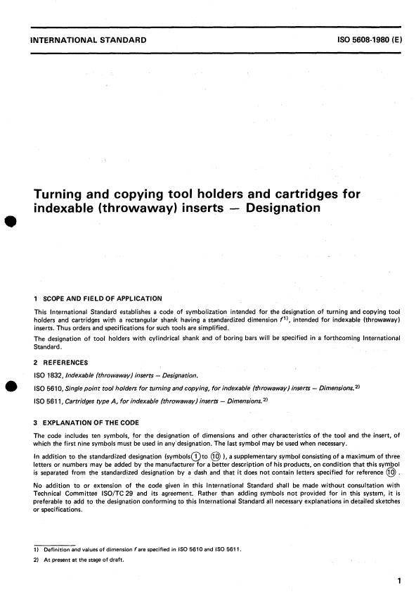 ISO 5608:1980 - Turning and copying tool holders and cartridges for indexable (throwaway) inserts -- Designation