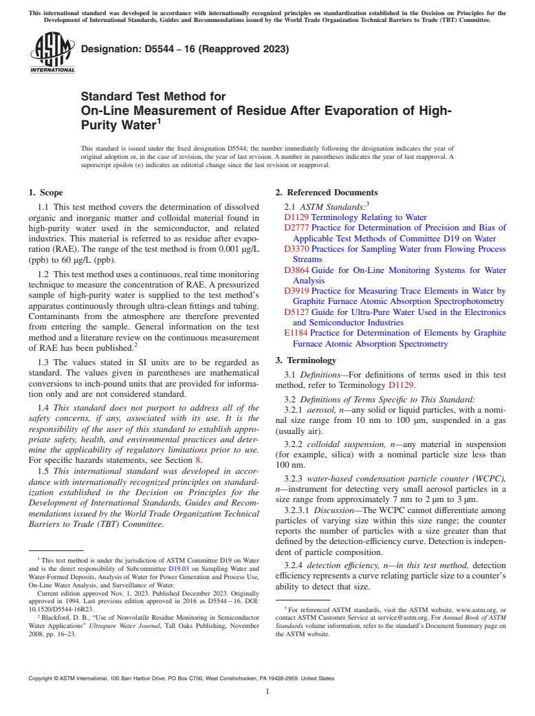 ASTM D5544-16(2023) - Standard Test Method for  On-Line Measurement of Residue After Evaporation of High-Purity   Water