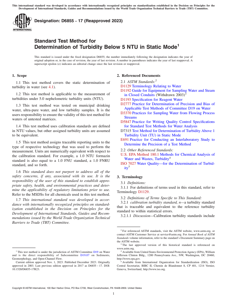 ASTM D6855-17(2023) - Standard Test Method for  Determination of Turbidity Below 5 NTU in Static Mode