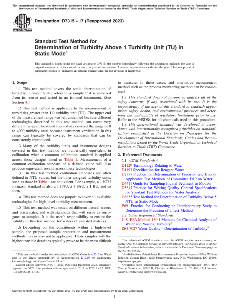 ASTM D7315-17(2023) - Standard Test Method for  Determination of Turbidity Above 1 Turbidity Unit (TU) in Static  Mode