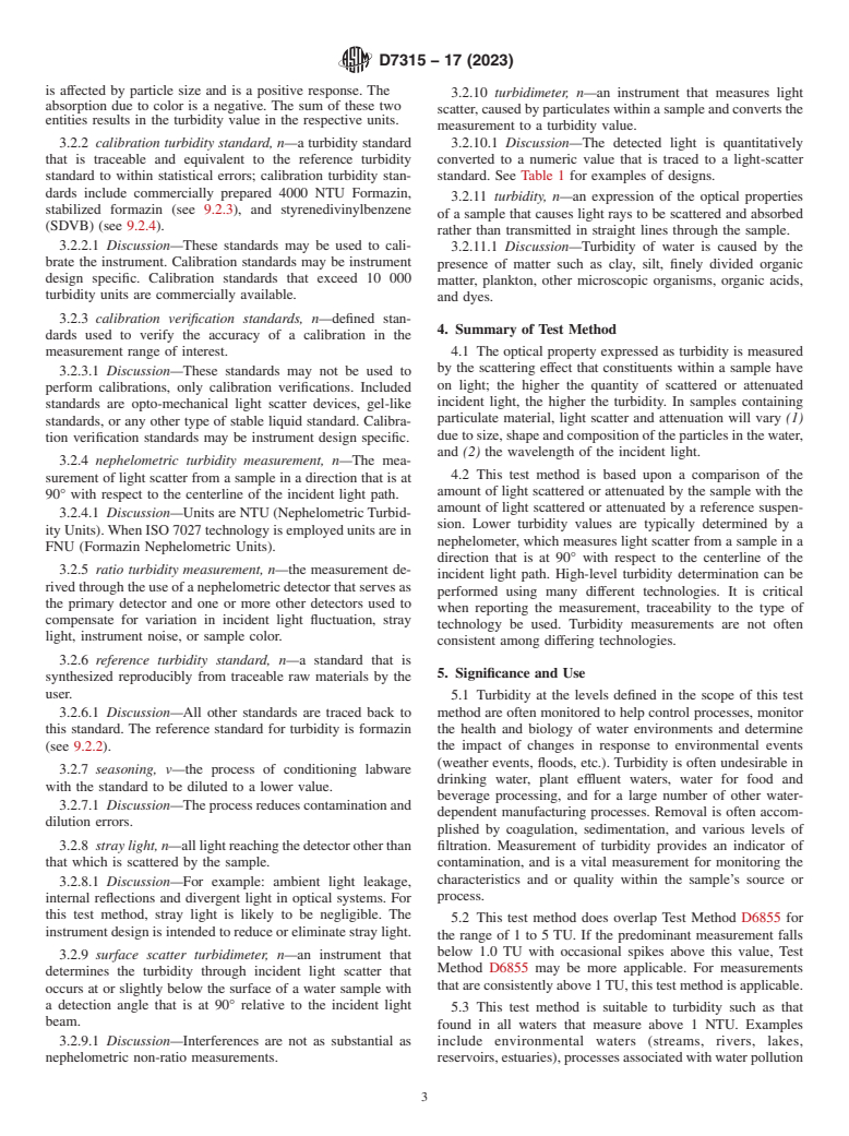 ASTM D7315-17(2023) - Standard Test Method for  Determination of Turbidity Above 1 Turbidity Unit (TU) in Static  Mode