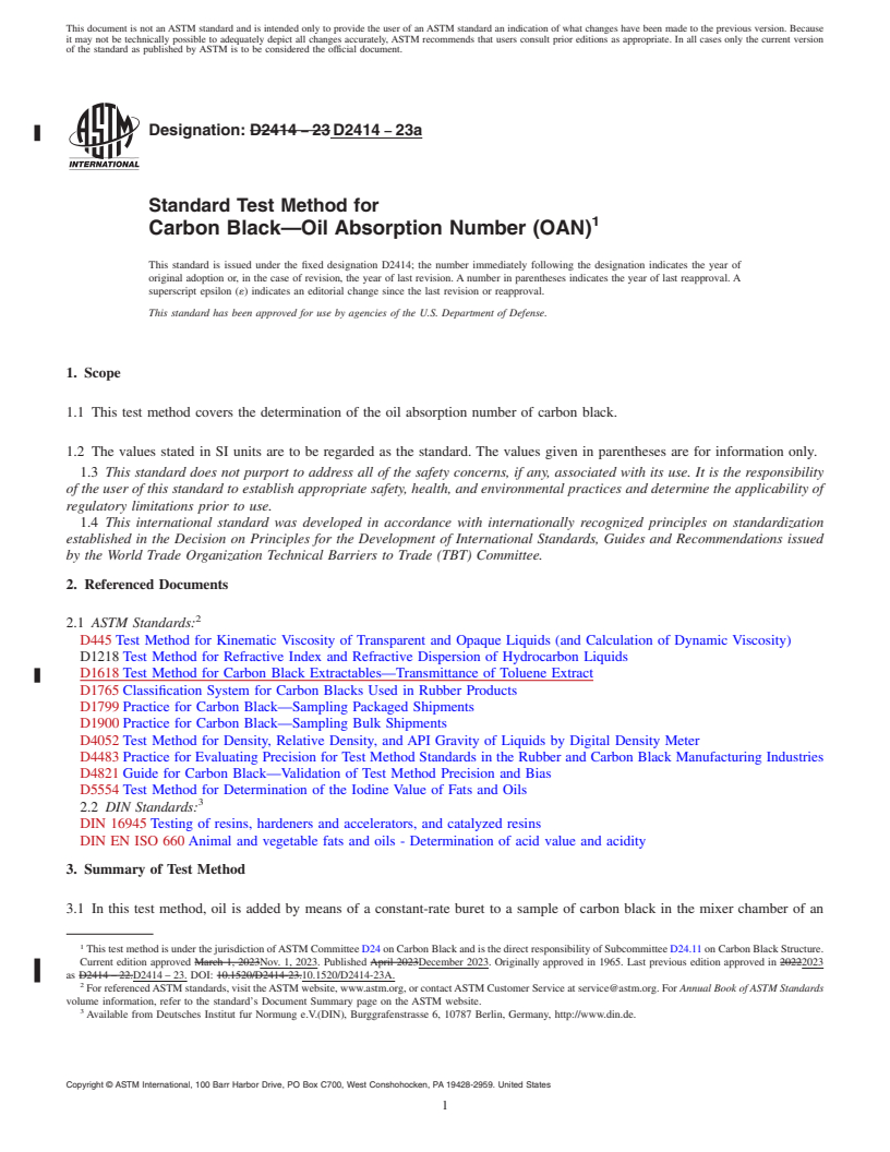 REDLINE ASTM D2414-23a - Standard Test Method for Carbon Black—Oil Absorption Number (OAN)