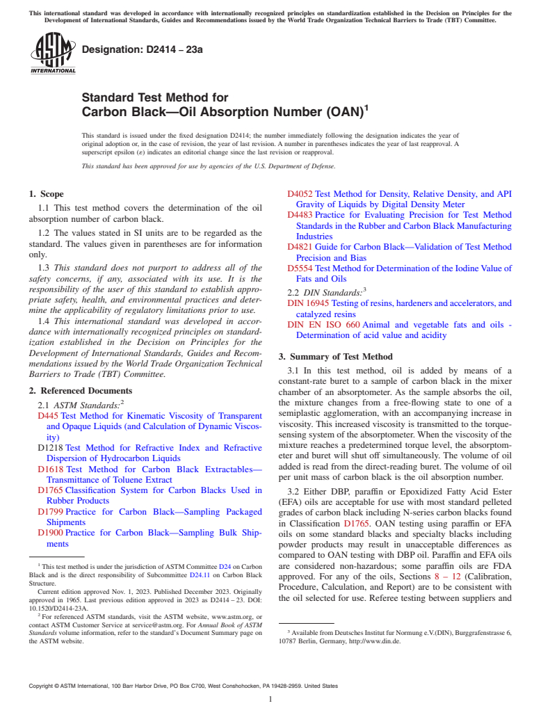 ASTM D2414-23a - Standard Test Method for Carbon Black—Oil Absorption Number (OAN)