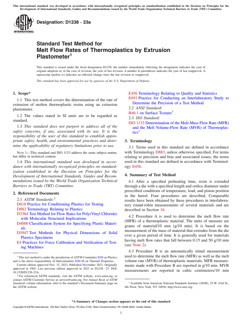 ASTM D1238-23a - Standard Test Method for Melt Flow Rates of Thermoplastics by Extrusion Plastometer