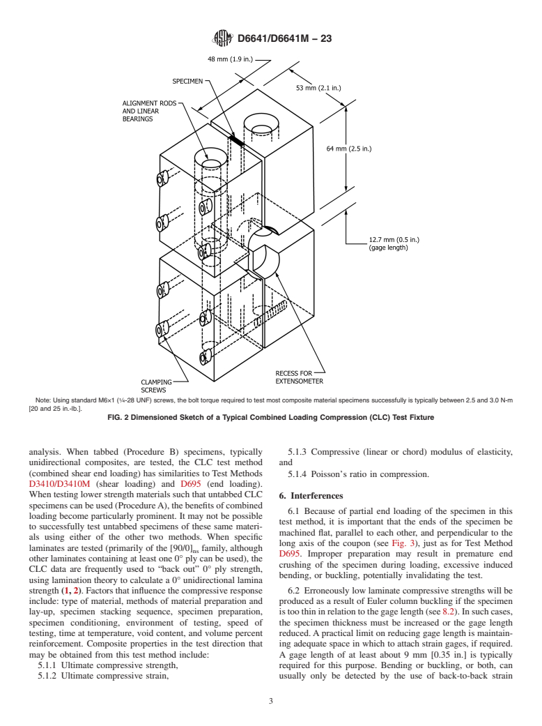 ASTM D6641/D6641M-23 - Standard Test Method for  Compressive Properties of Polymer Matrix Composite Materials Using a Combined Loading Compression (CLC) Test Fixture
