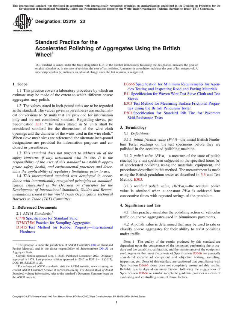 ASTM D3319-23 - Standard Practice for the  Accelerated Polishing of Aggregates Using the British Wheel