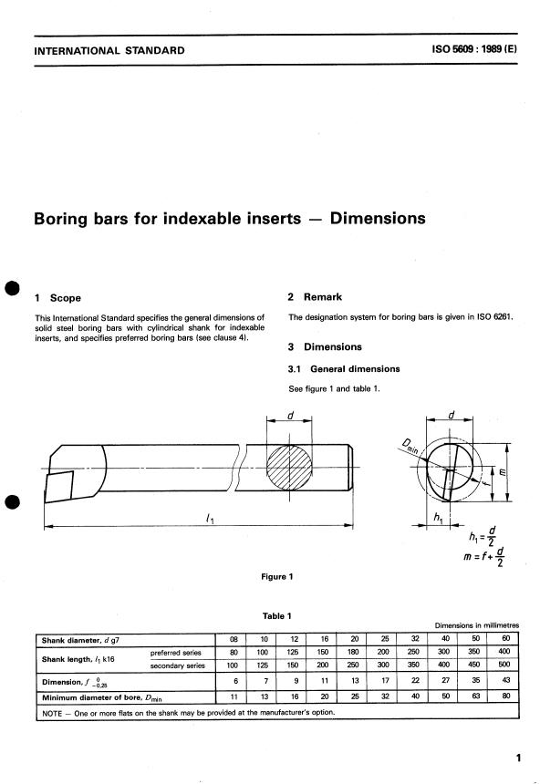 ISO 5609:1989 - Boring bars for indexable inserts -- Dimensions