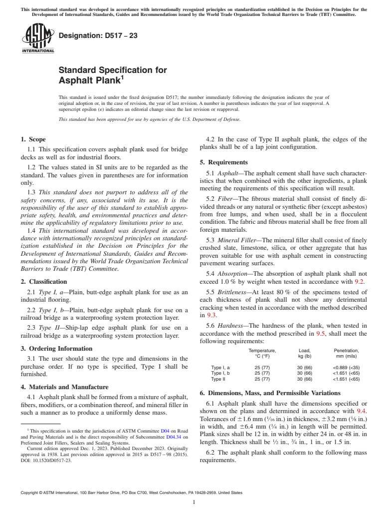 ASTM D517-23 - Standard Specification for  Asphalt Plank