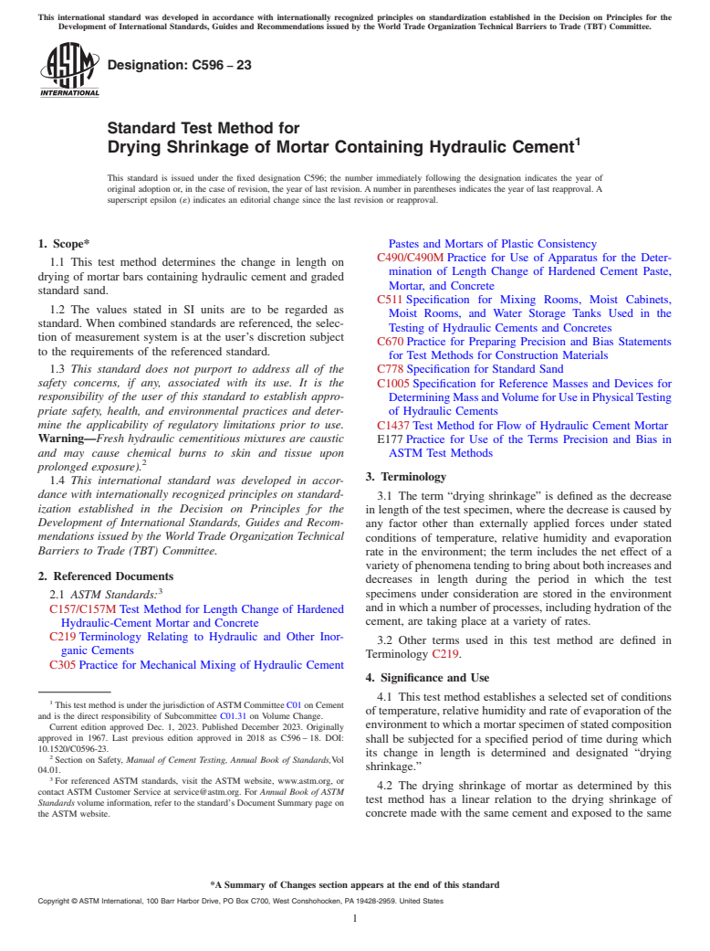 ASTM C596-23 - Standard Test Method for  Drying Shrinkage of Mortar Containing Hydraulic Cement