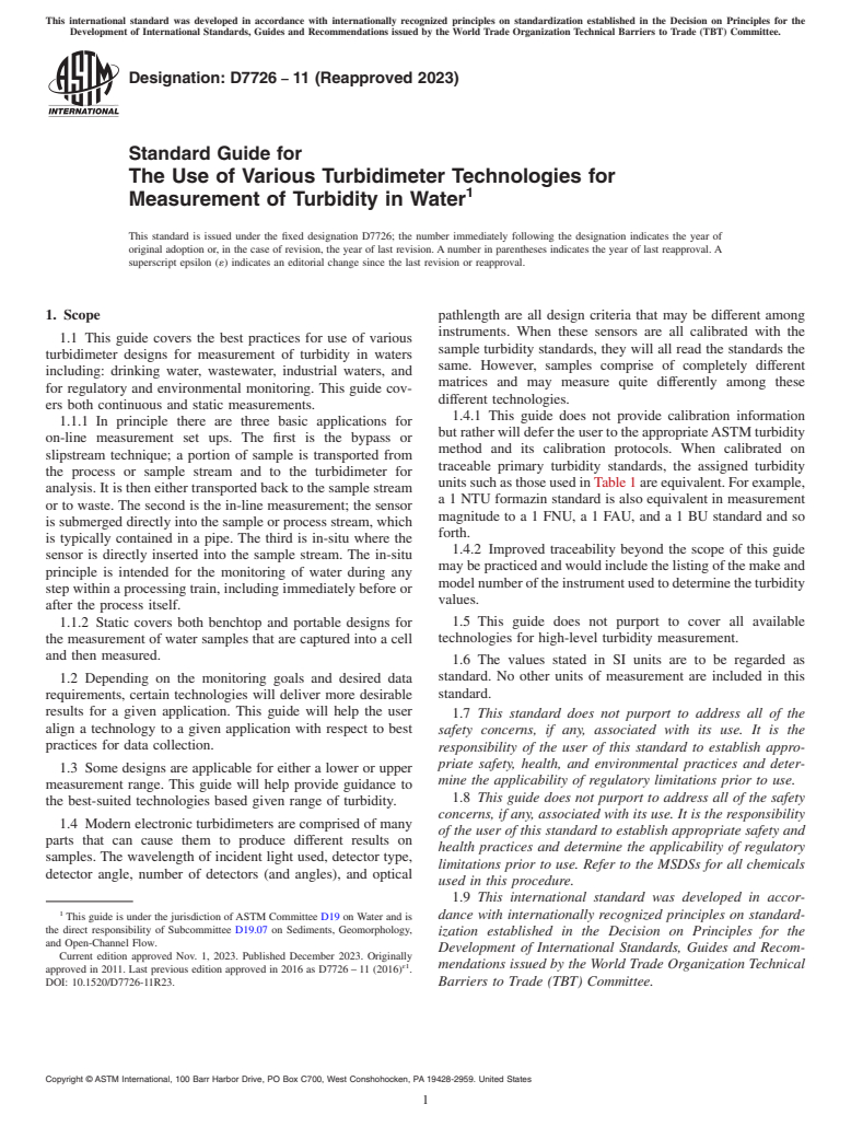 ASTM D7726-11(2023) - Standard Guide for  The Use of Various Turbidimeter Technologies for Measurement  of Turbidity in Water