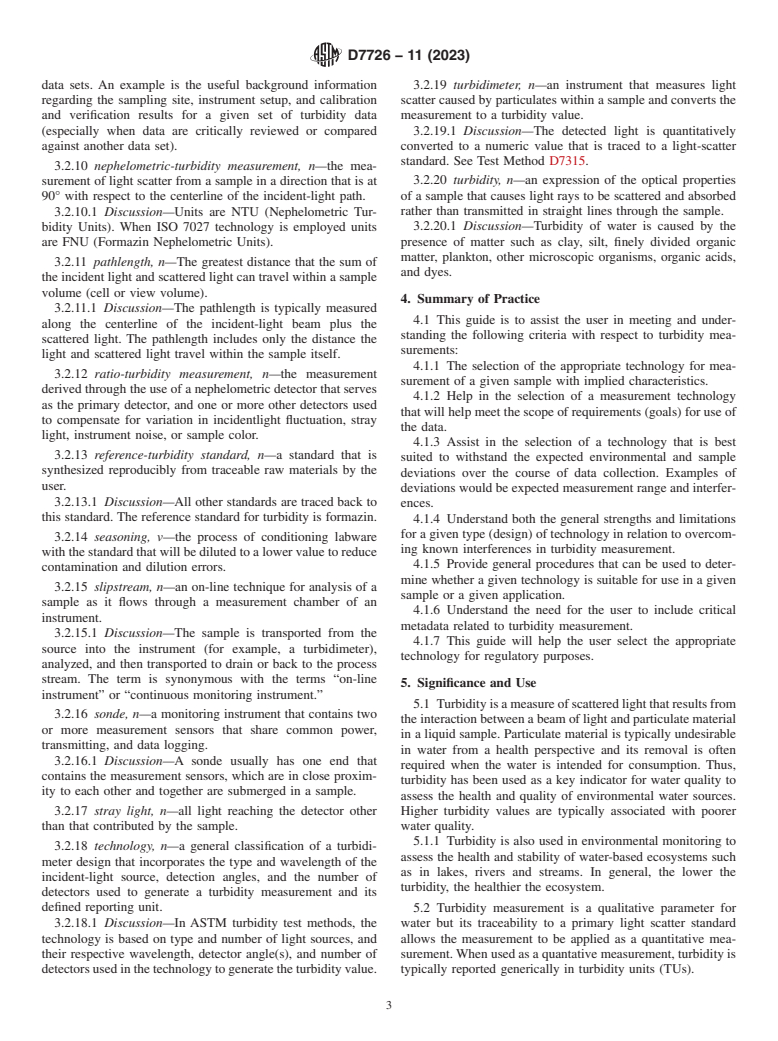 ASTM D7726-11(2023) - Standard Guide for  The Use of Various Turbidimeter Technologies for Measurement  of Turbidity in Water