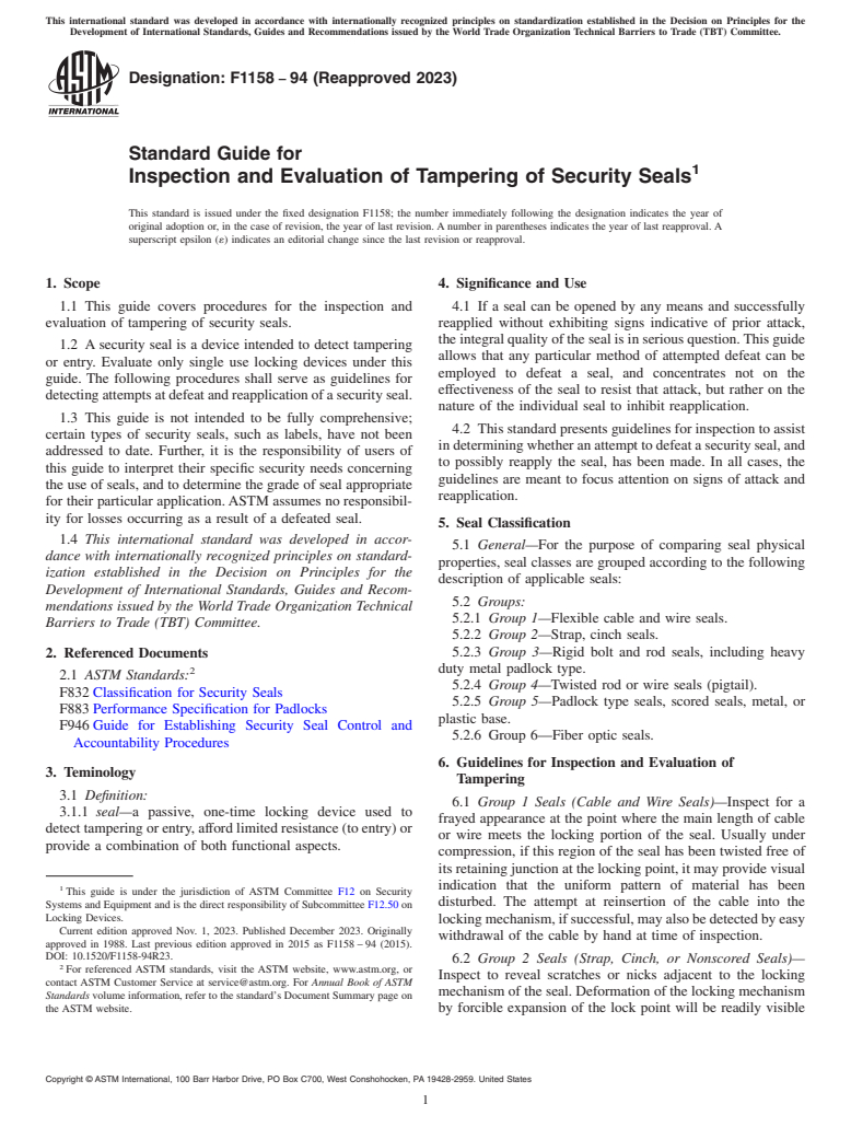 ASTM F1158-94(2023) - Standard Guide for  Inspection and Evaluation of Tampering of Security Seals