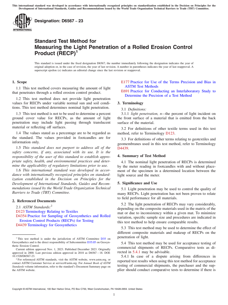 ASTM D6567-23 - Standard Test Method for  Measuring the Light Penetration of a Rolled Erosion Control  Product (RECP)