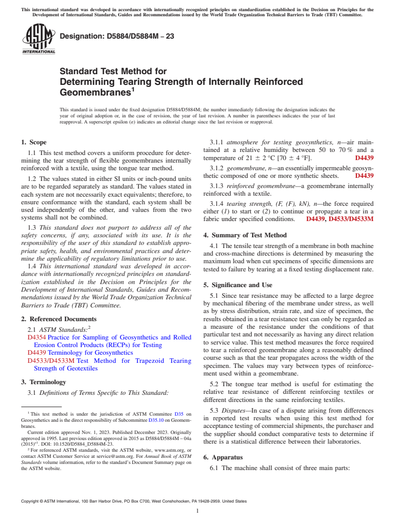 ASTM D5884/D5884M-23 - Standard Test Method for Determining Tearing Strength of Internally Reinforced Geomembranes