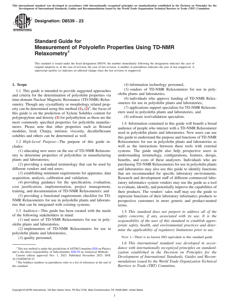 ASTM D8539-23 - Standard Guide for Measurement of Polyolefin Properties Using TD-NMR Relaxometry