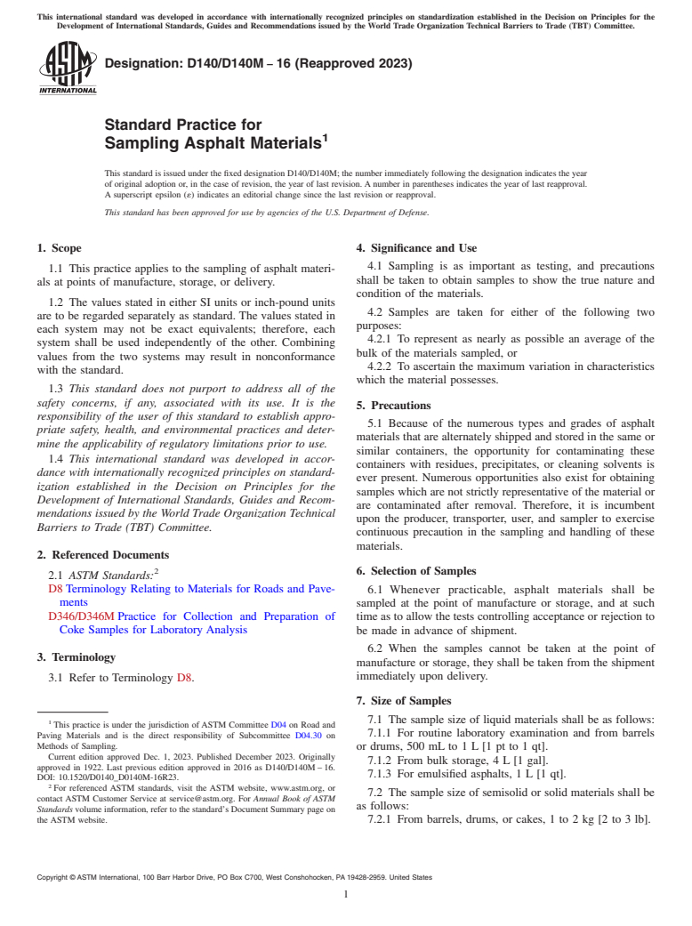 ASTM D140/D140M-16(2023) - Standard Practice for Sampling Asphalt Materials