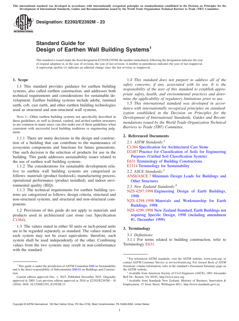 ASTM E2392/E2392M-23 - Standard Guide for Design of Earthen Wall Building Systems
