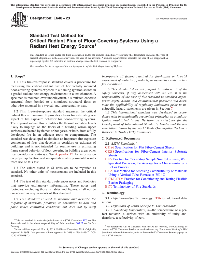 ASTM E648-23 - Standard Test Method for  Critical Radiant Flux of Floor-Covering Systems Using a Radiant  Heat Energy Source