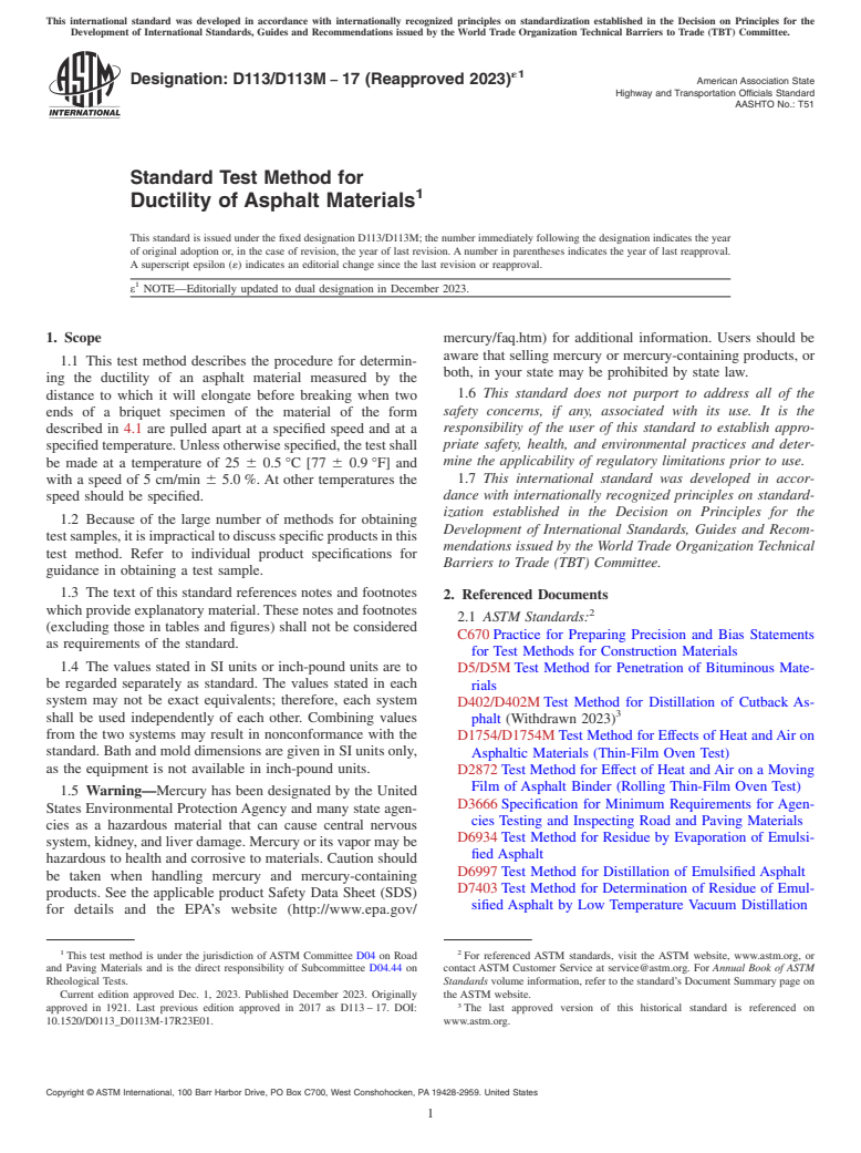 ASTM D113/D113M-17(2023)e1 - Standard Test Method for Ductility of Asphalt Materials