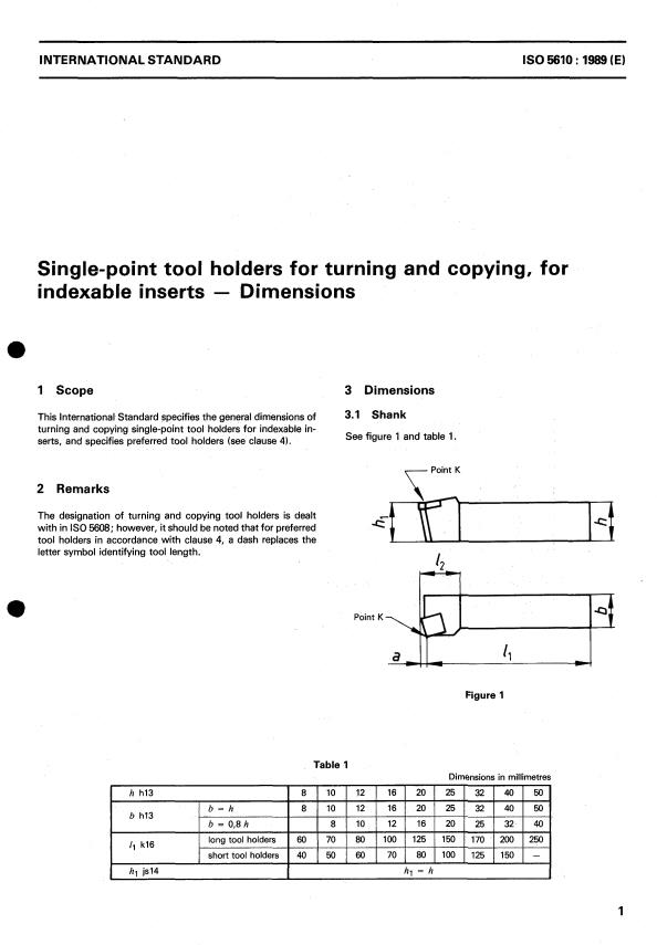 ISO 5610:1989 - Single-point tool holders for turning and copying, for indexable inserts -- Dimensions