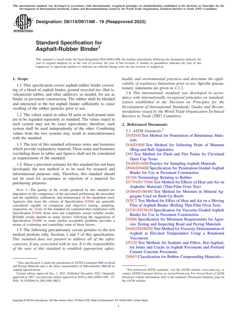 ASTM D6114/D6114M-19(2023) - Standard Specification for  Asphalt-Rubber Binder
