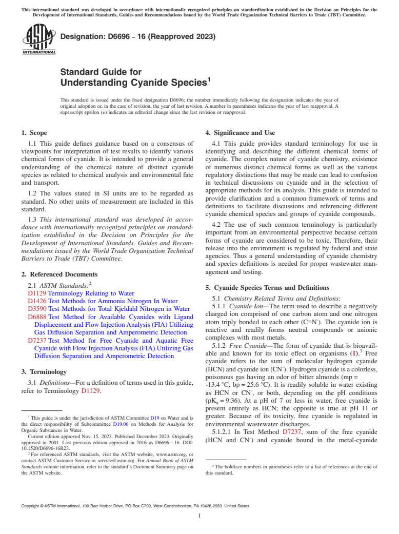 ASTM D6696-16(2023) - Standard Guide for  Understanding Cyanide Species