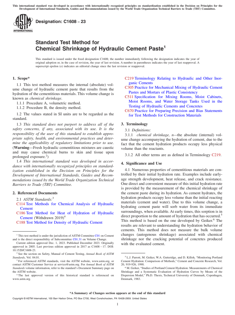 ASTM C1608-23 - Standard Test Method for  Chemical Shrinkage of Hydraulic Cement Paste