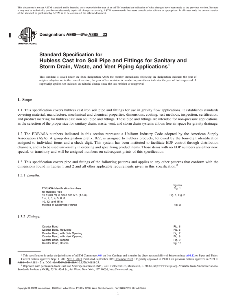 REDLINE ASTM A888-23 - Standard Specification for Hubless Cast Iron Soil Pipe and Fittings for Sanitary and Storm   Drain, Waste, and Vent Piping Applications