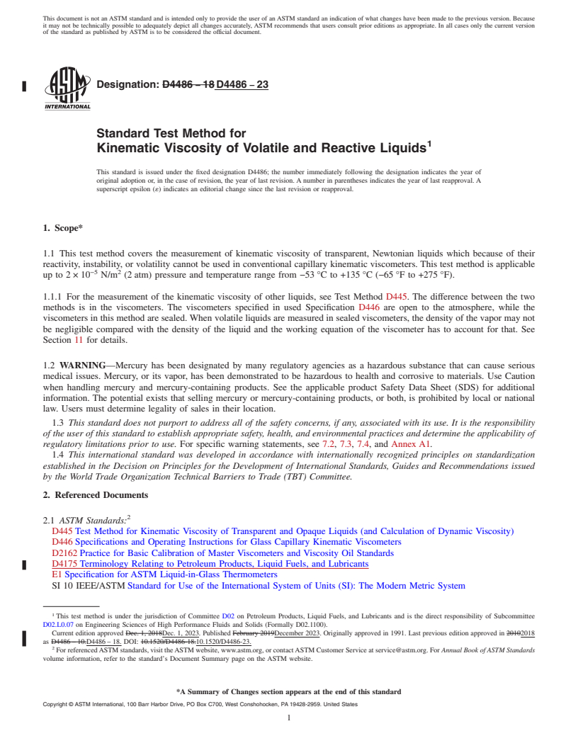 REDLINE ASTM D4486-23 - Standard Test Method for Kinematic Viscosity of Volatile and Reactive Liquids