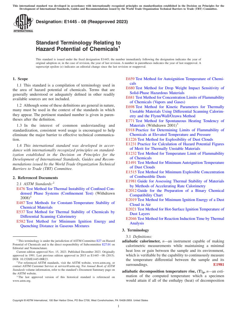 ASTM E1445-08(2023) - Standard Terminology Relating to  Hazard Potential of Chemicals