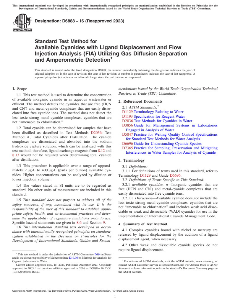 ASTM D6888-16(2023) - Standard Test Method for  Available Cyanides with Ligand Displacement and Flow Injection  Analysis (FIA) Utilizing Gas Diffusion Separation and Amperometric  Detection