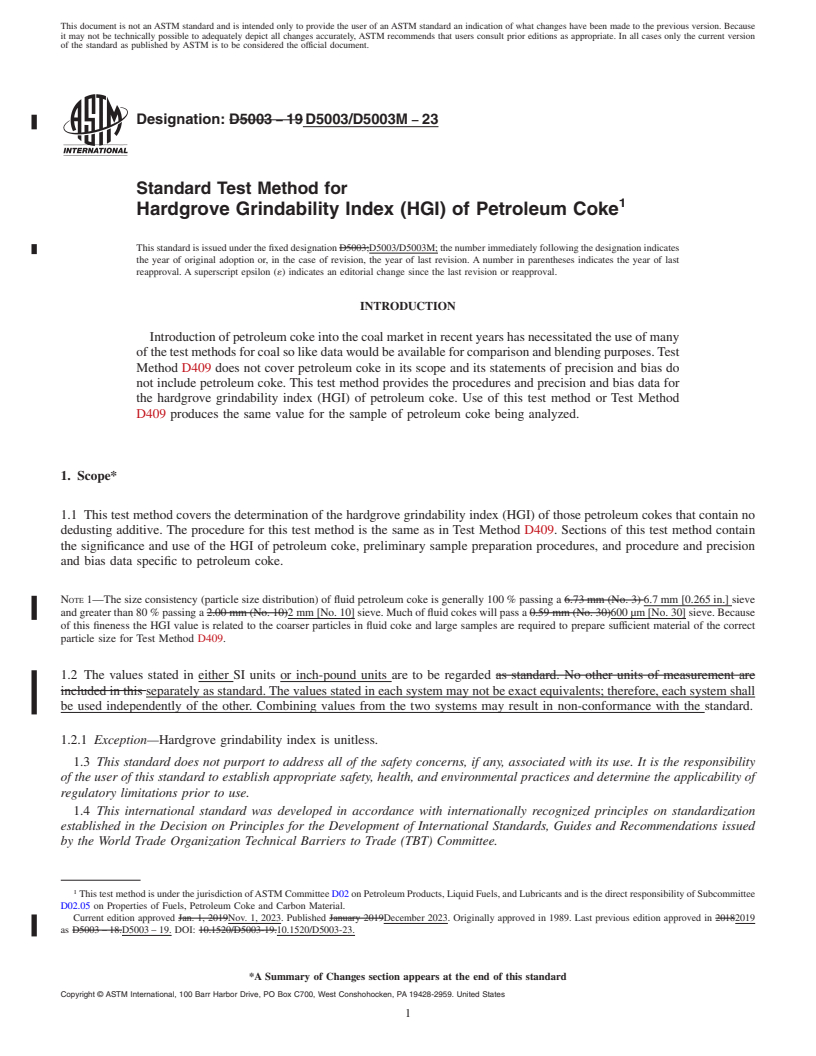 REDLINE ASTM D5003/D5003M-23 - Standard Test Method for  Hardgrove Grindability Index (HGI) of Petroleum Coke