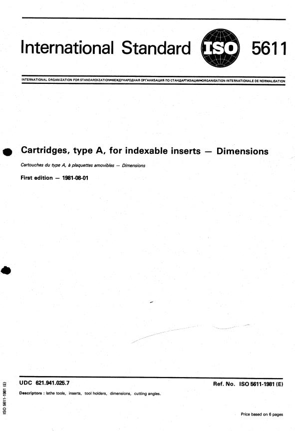ISO 5611:1981 - Cartridges, type A, for indexable inserts -- Dimensions