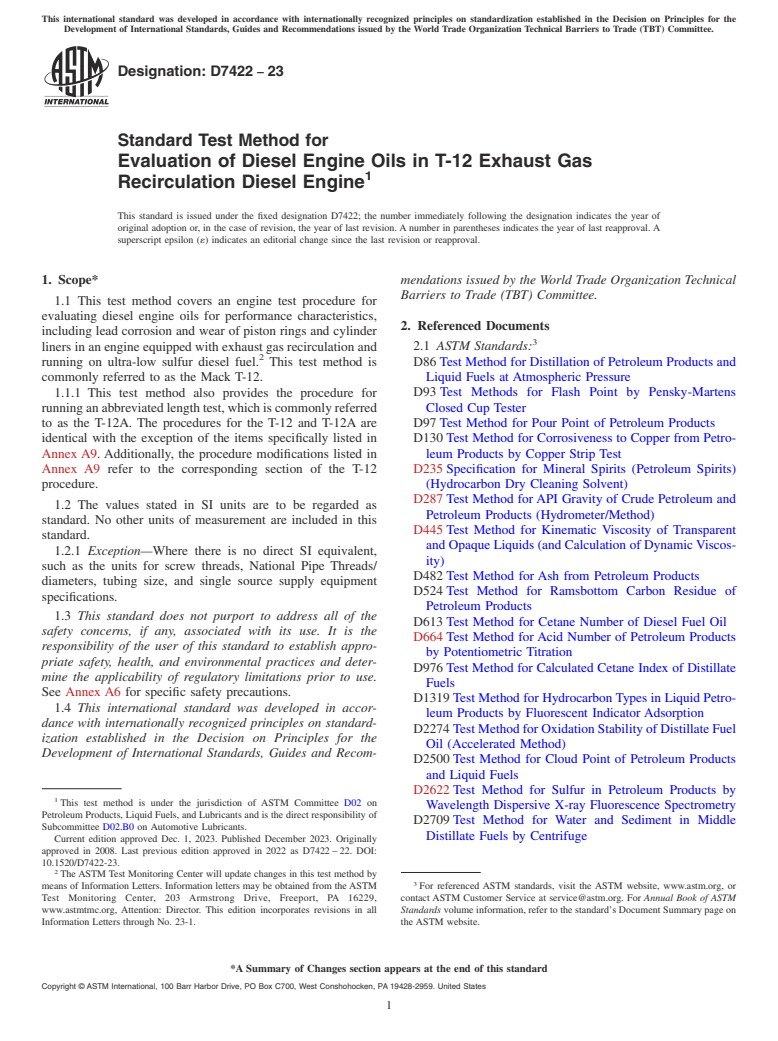 ASTM D7422-23 - Standard Test Method for  Evaluation of Diesel Engine Oils in T-12 Exhaust Gas Recirculation  Diesel Engine