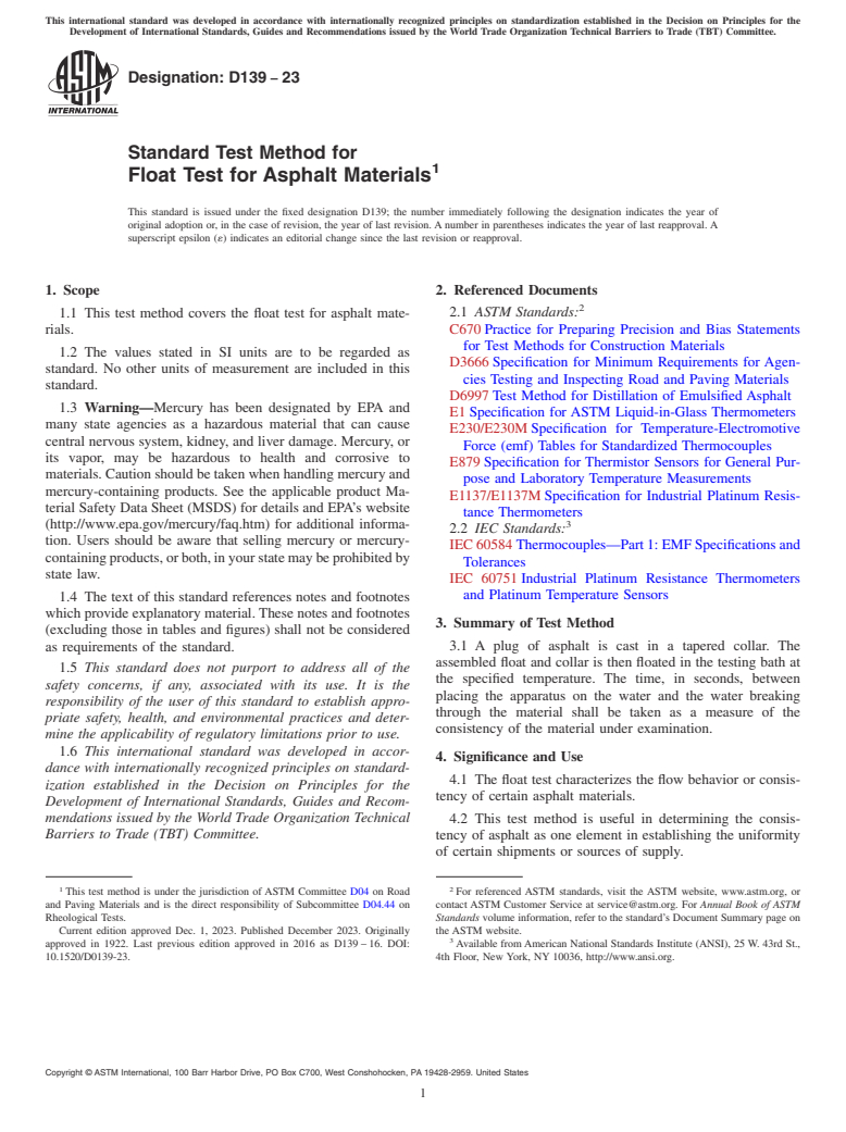 ASTM D139-23 - Standard Test Method for Float Test for Asphalt Materials