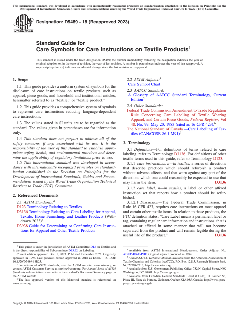 ASTM D5489-18(2023) - Standard Guide for Care Symbols for Care Instructions on Textile Products