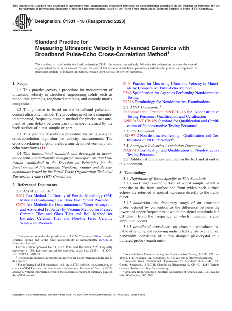 ASTM C1331-18(2023) - Standard Practice for Measuring Ultrasonic Velocity in Advanced Ceramics with Broadband  Pulse-Echo Cross-Correlation Method