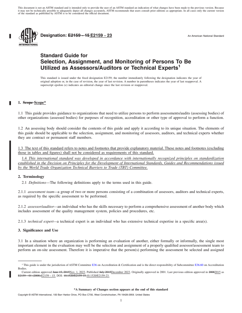 REDLINE ASTM E2159-23 - Standard Guide for  Selection, Assignment, and Monitoring of Persons To Be Utilized  as Assessors/Auditors or Technical Experts