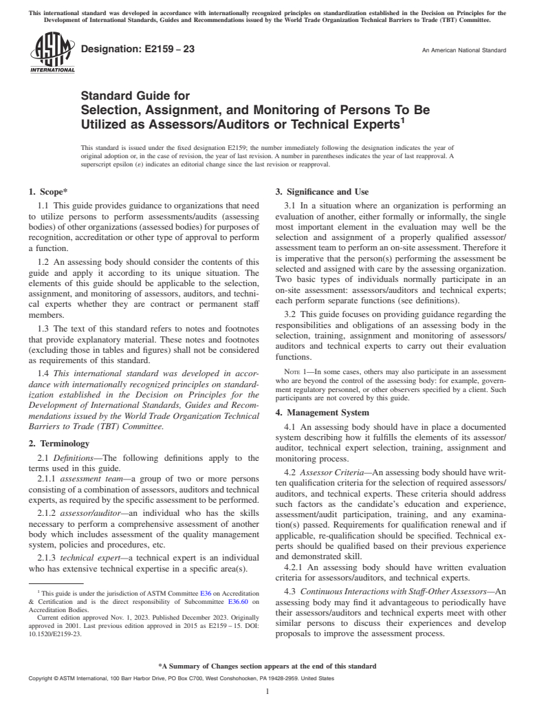 ASTM E2159-23 - Standard Guide for  Selection, Assignment, and Monitoring of Persons To Be Utilized  as Assessors/Auditors or Technical Experts