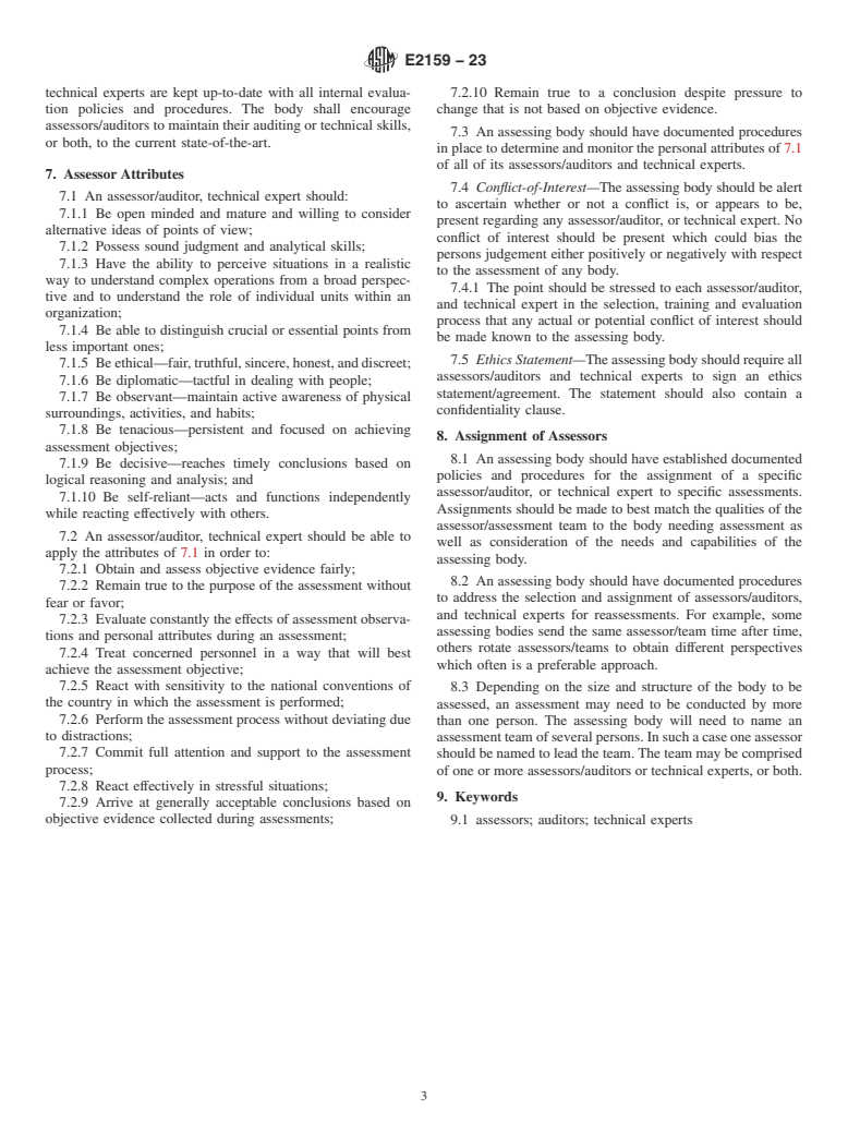 ASTM E2159-23 - Standard Guide for  Selection, Assignment, and Monitoring of Persons To Be Utilized  as Assessors/Auditors or Technical Experts