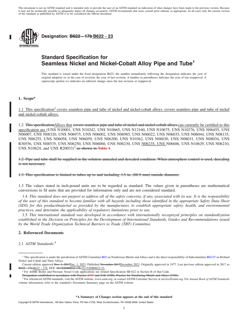 REDLINE ASTM B622-23 - Standard Specification for Seamless Nickel and Nickel-Cobalt Alloy Pipe and Tube