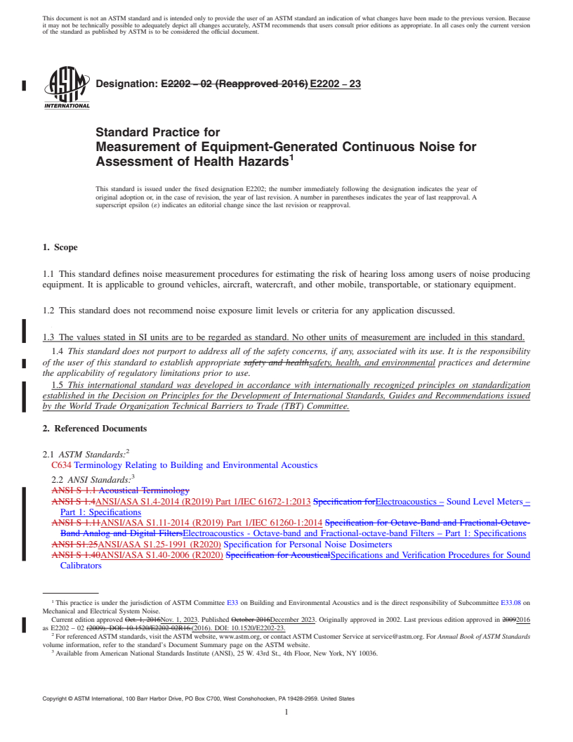 REDLINE ASTM E2202-23 - Standard Practice for Measurement of Equipment-Generated Continuous Noise for Assessment  of Health Hazards